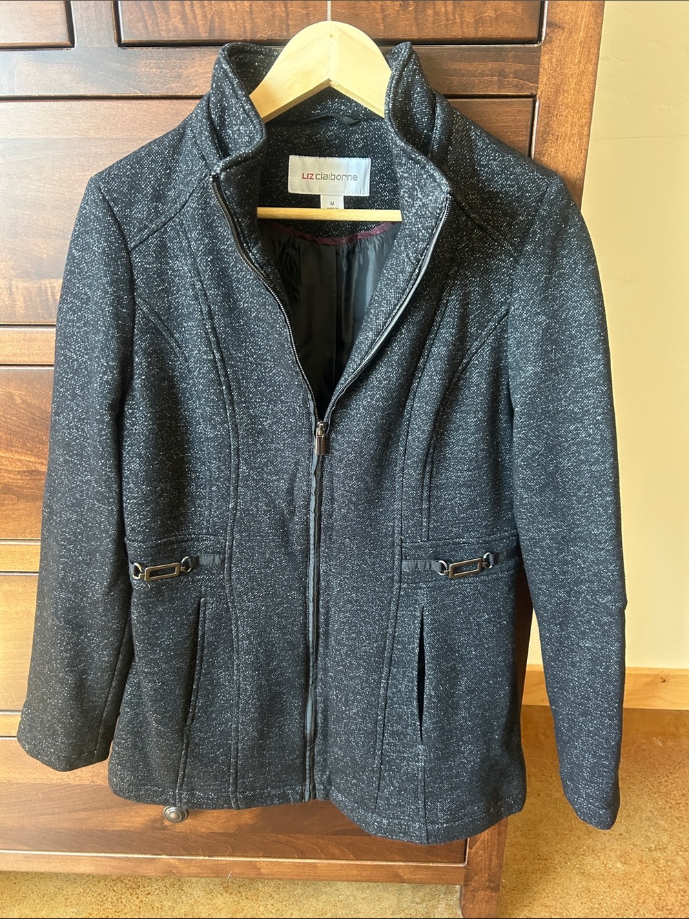 Liz Claiborne Black Charcoal Heather Zip-Front Utility Jacket